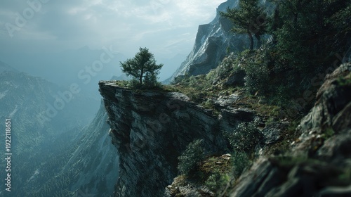 Remote sylvan expanse isolation and exploration challenge concept selective focus expedition theme futuristic Composite cliff edge backdrop.