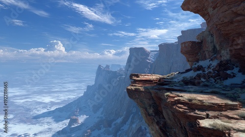 Remote sylvan expanse isolation and exploration challenge concept selective focus expedition theme futuristic Composite cliff edge backdrop.