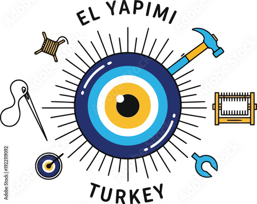 Colorful Turkish Handcrafted Artisan Logo Featuring Tools and Traditional Symbols