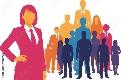 Diverse group of professionals stand behind a confident businesswoman, symbolizing leadership, teamwork, and corporate success in a vibrant illustration