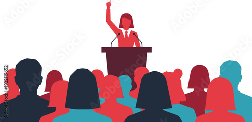 Confident female leader addressing a crowd from a podium, inspiring public speaking and leadership illustration