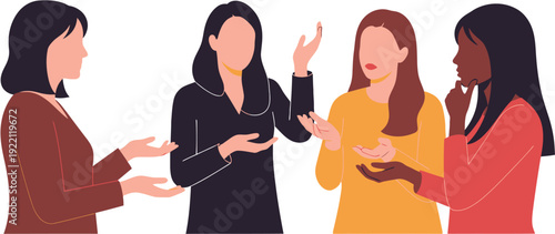 Illustration of four diverse women actively participating in a group discussion, expressing thoughts and fostering communication within a collaborative environment