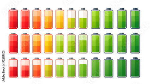 Battery Charge Level Icons – Low to Full Power Status Flat Vector Set