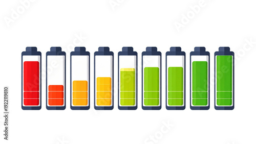 Battery Charge Level Icons – Low to Full Power Status Flat Vector Set