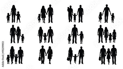 A collection of black silhouettes of people in various family and social configurations isolated on white background, Vector