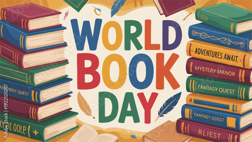 Vibrant world book day banner with stacked books and colorful text on orange background celebrating reading and literature