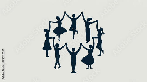 Silhouette of joyful diverse people dancing together in a circle on gray background celebrating freedom and unity with raised arms
