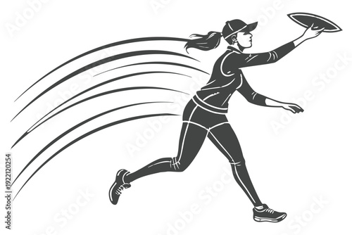 Black and white of a female athlete throwing a frisbee in dynamic motion