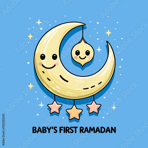 Cute Ramadan Illustration: A delightful illustration for Baby's first Ramadan, featuring a smiling crescent moon, stars and a smiling hanging lantern, set against a gentle blue backdrop.