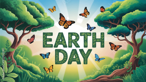 Vibrant earth day banner design featuring trees butterflies and sunshine in a natural landscape with a colorful sky
