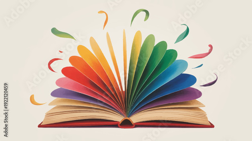 Whimsical illustration of an open book with rainbow colored pages and swirling abstract shapes symbolizing creativity and imagination in a vibrant dreamlike atmosphere