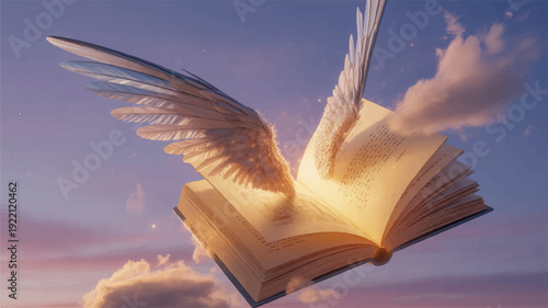 Surreal digital illustration of an open book with white wings emerging from it set against a serene blue sky with fluffy clouds at sunset symbolizing freedom and knowledge