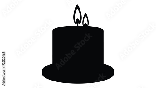 A black silhouette of a birthday cake with two lit candles on top isolated on white background, Vector