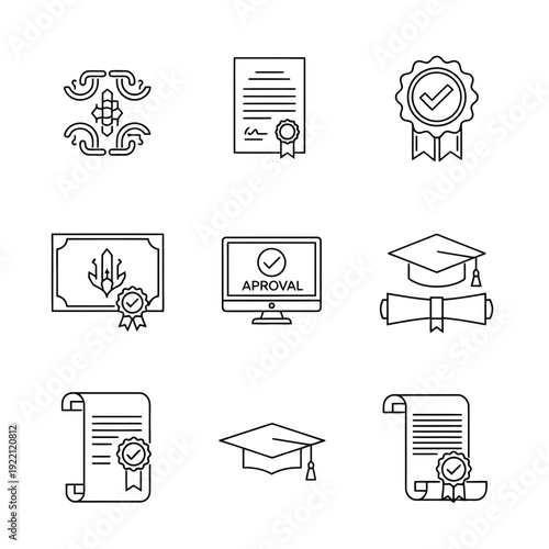 Academic Approval: An array of stylized illustrations showcasing education, certificates, and validation, highlighting concepts such as certification and recognition.