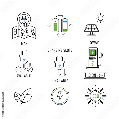 Electric Vehicle Charging Icons: A collection of meticulously crafted line art icons showcasing the future of electric vehicle charging, from mapping and energy generation to charging status.