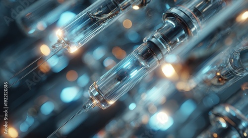 Vaccination equipment transparent tubes and ampoules arranged chaotically reflecting immunity progress and ethical debate concept copy space healthcare innovation theme futuristic Overlay research fac