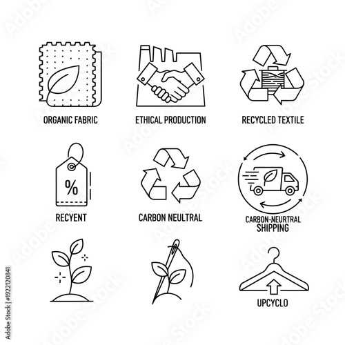Sustainable Choices: A collection of icons showcases essential eco-friendly practices, including ethical production, recycling, and carbon-neutral shipping.