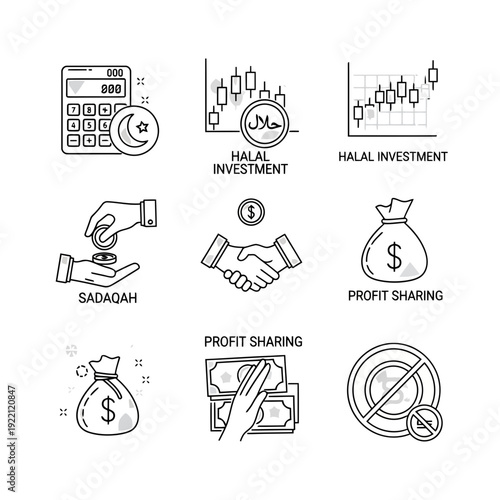 Halal Financial Icons: A collection of concise icons illustrating the fundamental aspects of Islamic finance, with symbols of investment and ethics.