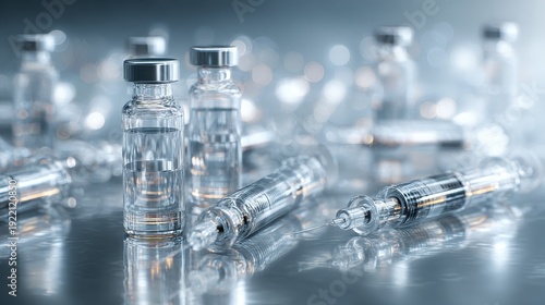 Vaccination equipment transparent tubes and ampoules arranged chaotically reflecting immunity progress and ethical debate concept copy space healthcare innovation theme futuristic Overlay research fac