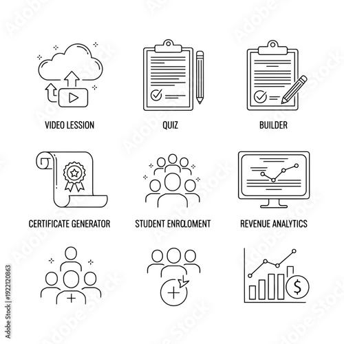 Educational App Icons: A collection of meticulously crafted line icons representing the key components of an educational application, perfect for showcasing the features