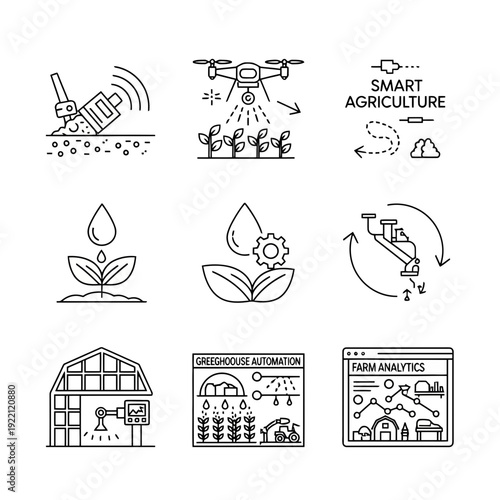 Smart Agriculture Icons: A collection of meticulously crafted line art icons showcasing the future of farming, from drone technology to automated irrigation systems.