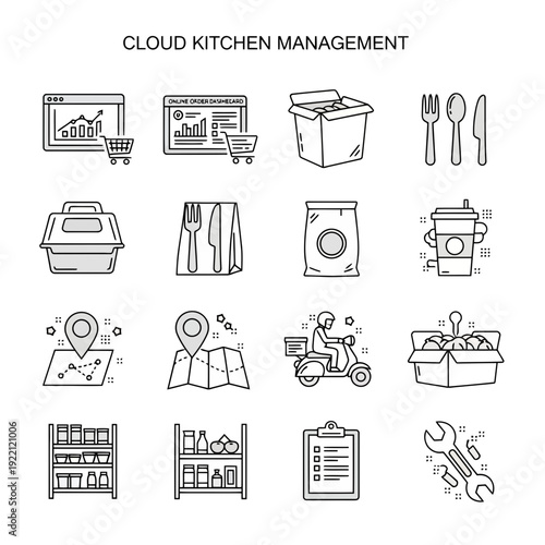 Cloud Kitchen Icons: A comprehensive set of line art icons depicting various aspects of cloud kitchen management, from online ordering and order preparation to delivery and inventory control.