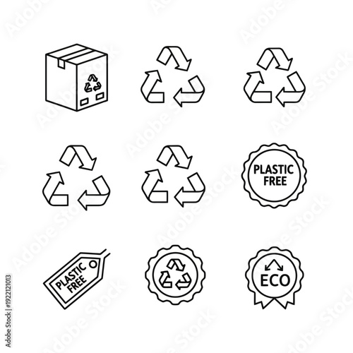 Eco-Friendly Icons: Collection of line art icons representing sustainability, including recycling symbols and labels emphasizing plastic-free initiatives.