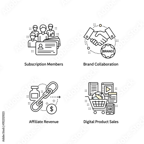 Set of Business Icons: Four distinct outline icons representing subscription members, brand collaboration, affiliate revenue, and digital product sales.