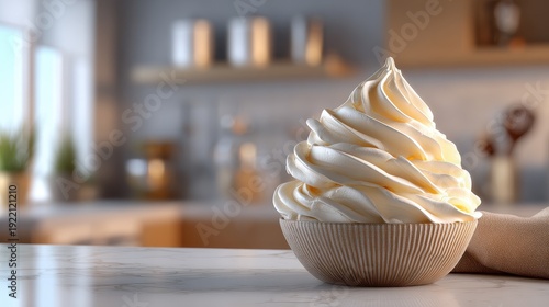 Vanilla frosting dessert indulgence and overconsumption concept focus on culinary theme realistic Composite modern kitchen backdrop
