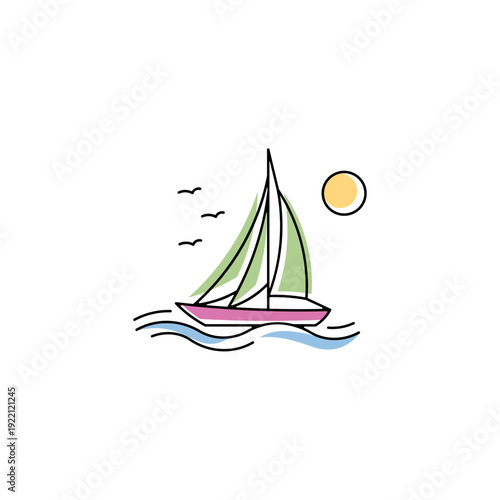 simple sail boat logo design vector with flat style in colorful