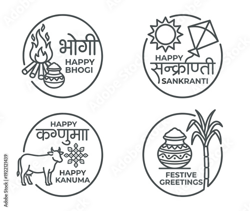 Happy Bhogi Sankranti Kanuma vector line art icons set with traditional harvest festival elements including bonfire, kites, holy cow, rangoli, and sugarcane with Hindi text.