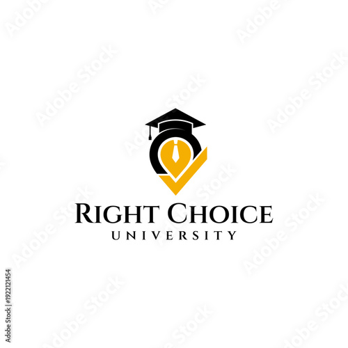 modern right choice university, pin, hat and check combination logo design vector with flat style in black and yellow color