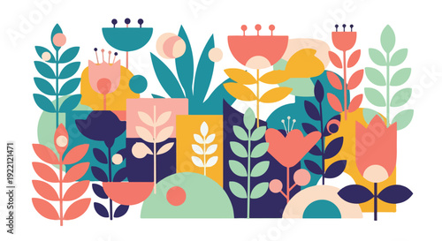 Colorful, stylized floral arrangement with overlapping shapes and abstract forms