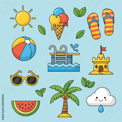 Colorful summer-themed cartoon illustrations featuring various objects