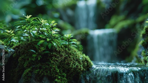 Verdant jungle landscape oxygen production advantage concept selective focus wellness theme surreal Multilayer waterfall backdrop. 