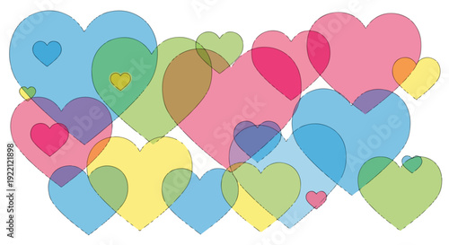 Colorful, transparent hearts overlap each other on a white background