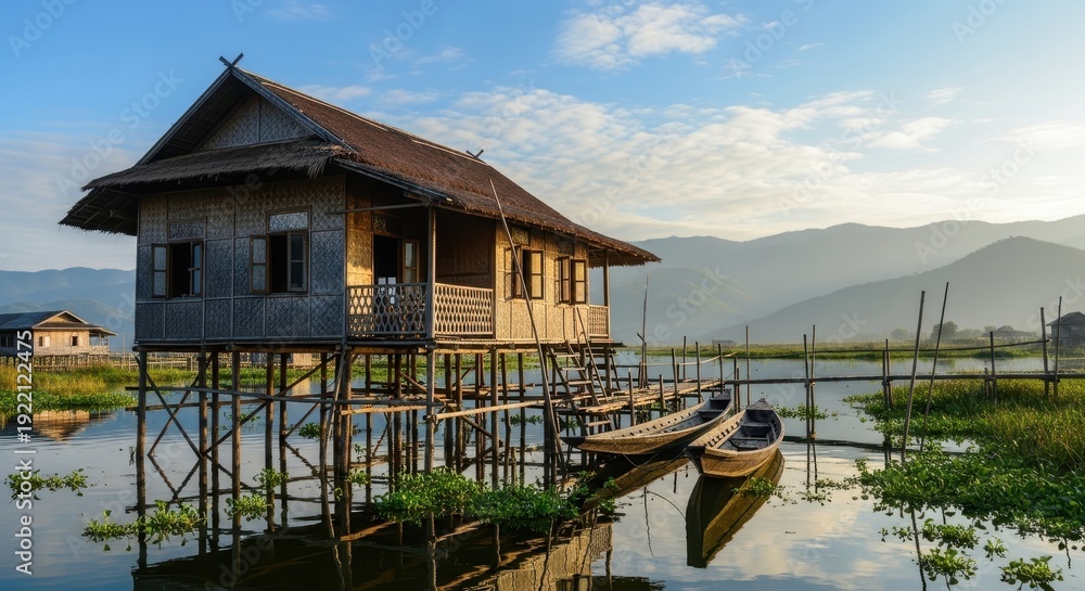 Obraz premium Inle Lake Stilt House - A Serene Lakeside Dwelling.