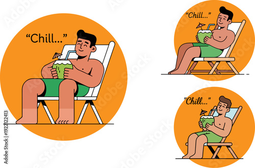 Man relaxing on beach chair drinking coconut water vector illustration. Three variations of a shirtless man in green shorts enjoying a tropical drink, with "Chill..." text above.