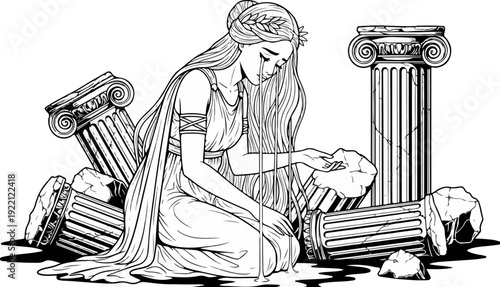 Grieving Greek goddess or nymph kneeling amidst broken ancient columns, black and white vector illustration.