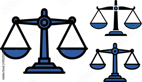 Justice scales vector icon collection. Includes three different balance scale designs. Created in flat blue and black style.