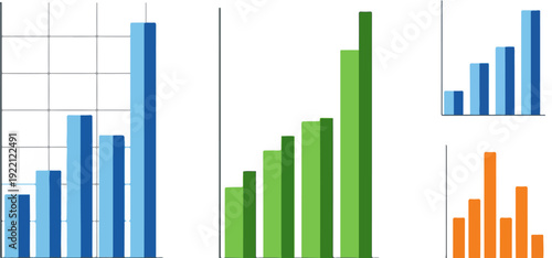 Bar chart vector collection. Includes blue, green, and orange bar graphs with varying data trends. Created in flat graphic style with a clean white background.