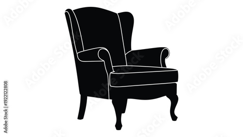 A black silhouette of a wingback chair with white outline isolated on white background, Vector