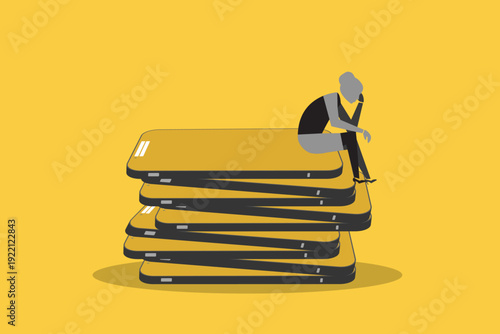 Businesswoman sitting on a tall stack of smartphones, representing digital burnout, information overload, technology exhaustion, and mental fatigue