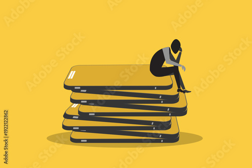 Businessman sitting on a tall stack of smartphones, representing digital burnout, information overload, technology exhaustion, and mental fatigue
