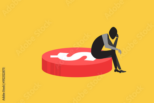 Worried businessman sitting alone on a large red dollar coin, representing financial stress, economic loss, debt, and money problems
