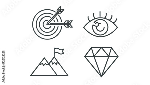 Abstract Iconography: Target, Eye, Mountain, and Diamond Symbols in a Minimal Geometric Design.