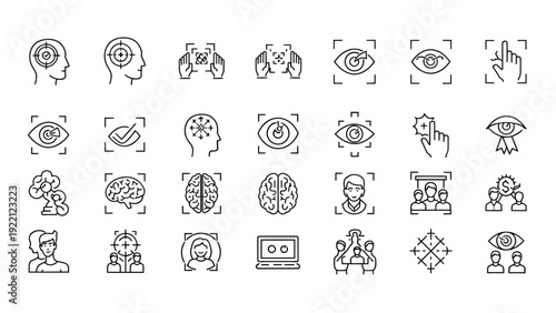 Collection of hand-drawn line icons featuring eyes, faces, animals, plants, and everyday objects in a doodle style.
