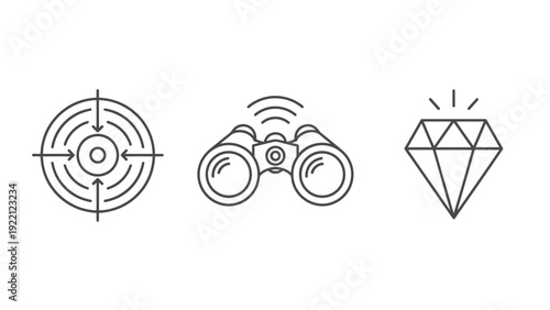 Target sights, binoculars, and a diamond icon representing focus, search, and value in graphic symbols.