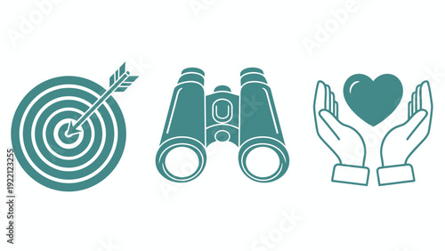 Target, binoculars, and caring hands icons representing focus, observation, and support in a cohesive graphic set.