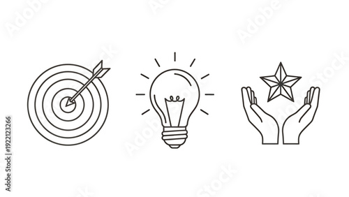 Target, lightbulb, and hands doodle representing ideas, goals, and support in a creative graphic set.